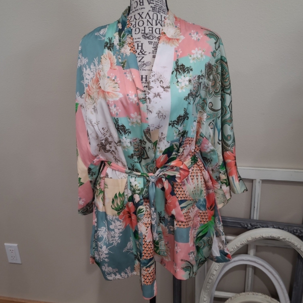 Zara‎ Women's SZ Sm. Satin Floral tie kimono jacket green orange Coral lined - Picture 3 of 10